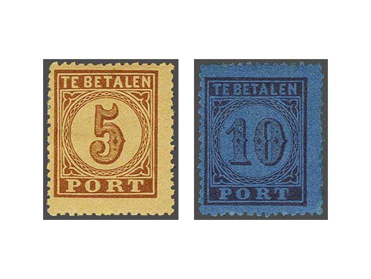 5 cent bruin op oranje en 10 cent karmijn op blauw tanding 13¼ kleine gaten, pracht ex., cat.w. 600