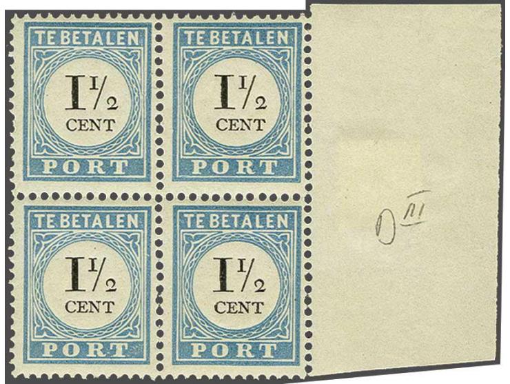 1½ cent lichtblauw en zwart tanding 12½ type III in blok van 4 met velrand, ex. linksboven miniem korter tandje, cat.w. 300+