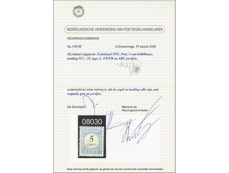 5 cent lichtblauw en zwart tanding 12½ x 12 type II met certificaat NVPH 2008, cat.w. 1350