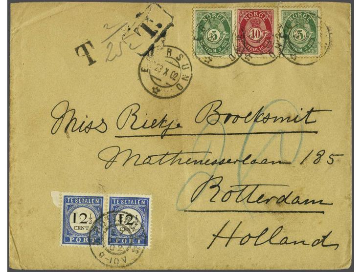 12½ cent donkerblauw in paar op envelop uit Egersund (Noorwegen) 23-10-1902 naar Rotterdam, vrijwel pracht ex.