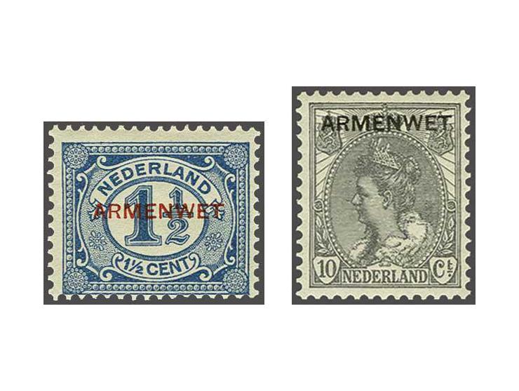 Armenwet 10 cent grijs en 1½ cent donkerblauw met rode opdruk met certificaat Vleeming 2018, cat.w. 650