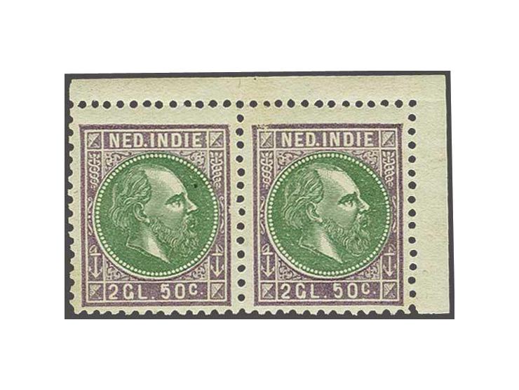 2½ gulden dofviolet en groen in paar met hoekvelrand met certificaten Muis 2000 en NKD 2013, cat.w. 1350+