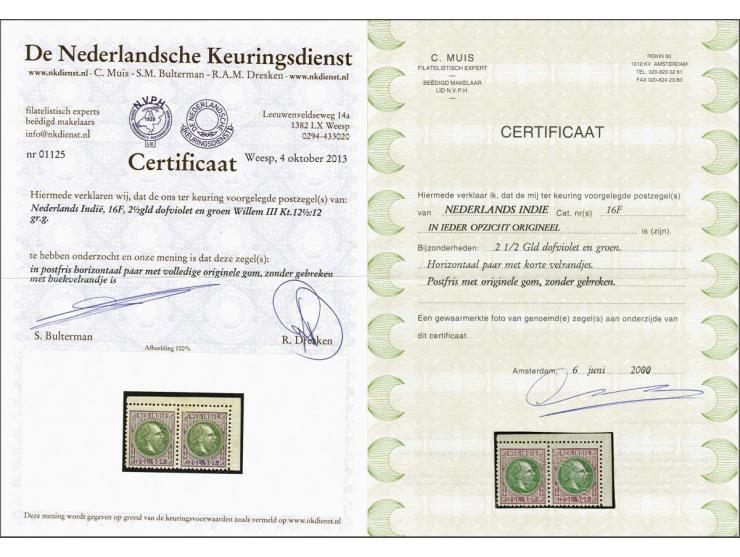 2½ gulden dofviolet en groen in paar met hoekvelrand met certificaten Muis 2000 en NKD 2013, cat.w. 1350+