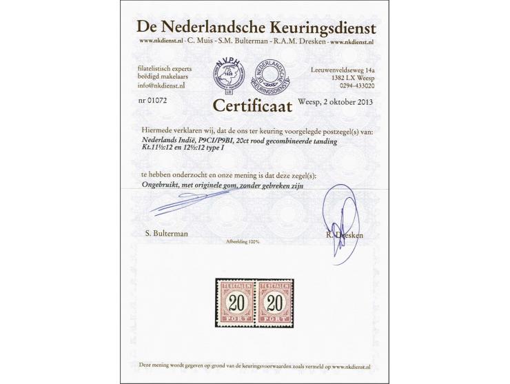 20 cent rood en zwart type I in gecombineerd tandingpaar 11½ x 12 en 12½ x 12, pracht ex. (tanding zie foto) met certificaat 