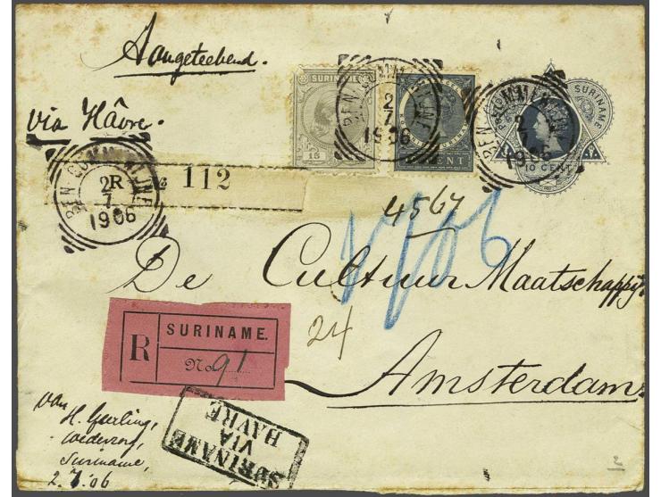 15 cent Wilhelmina Hangend Haar en 10 cent Wilhelmina 1906 op envelop 10 cent, aangetekend (R-strookjes rivierboten 1e type m