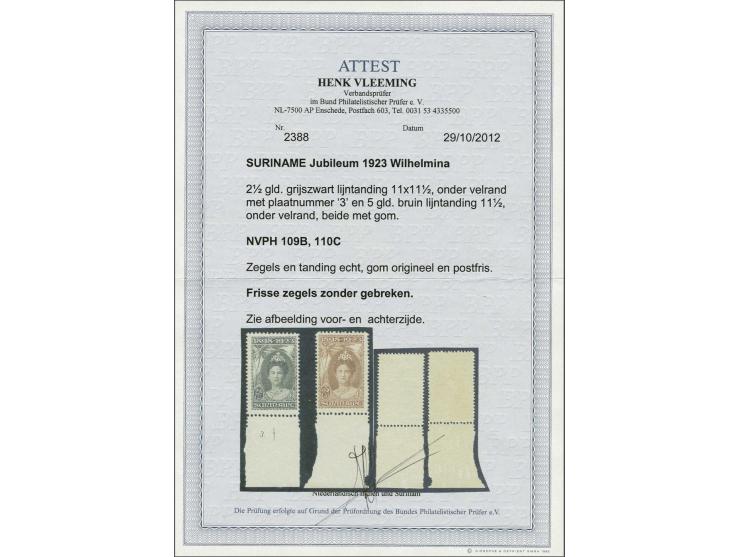 Jubileum 1923 5 cent t/m 5 gulden, behoudens nr. 105 alle met velrand, met certificaat Vleeming 2012 voor nrs. 109-110, cat.w