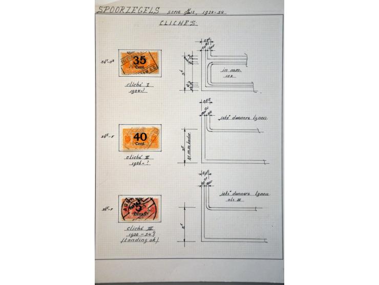 spoorwegzegels 1934-1944, uitgebreide collectie gestempeld w.b. plaatfouten en plaatreconstructies in 2 ringbanden. Delen van