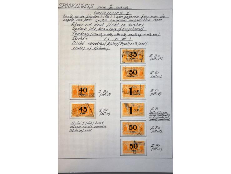 spoorwegzegels 1934-1944, uitgebreide collectie gestempeld w.b. plaatfouten en plaatreconstructies in 2 ringbanden. Delen van