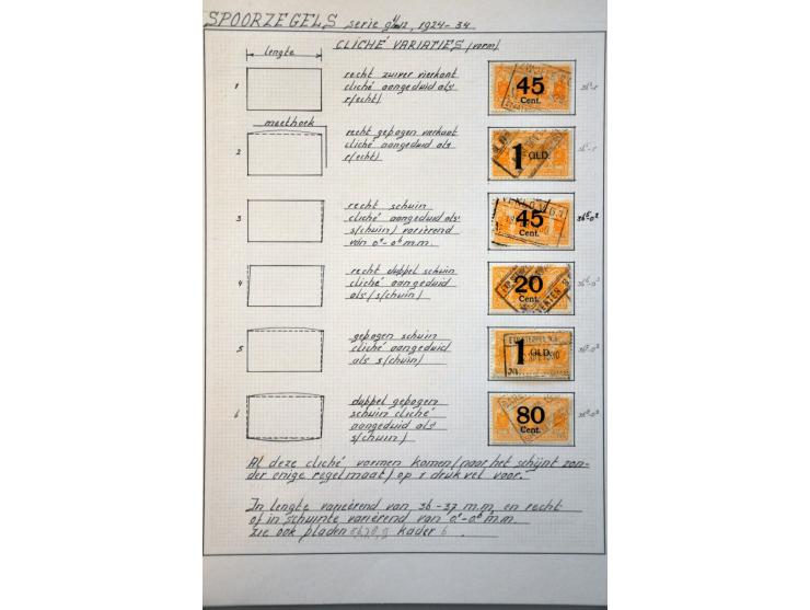 spoorwegzegels 1934-1944, uitgebreide collectie gestempeld w.b. plaatfouten en plaatreconstructies in 2 ringbanden. Delen van