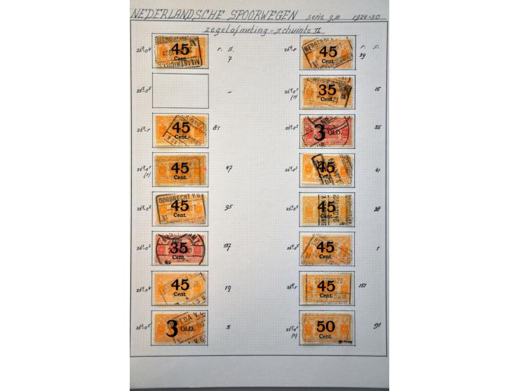 spoorwegzegels 1934-1944, uitgebreide collectie gestempeld w.b. plaatfouten en plaatreconstructies in 2 ringbanden. Delen van