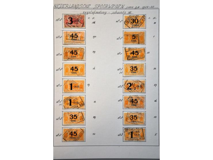 spoorwegzegels 1934-1944, uitgebreide collectie gestempeld w.b. plaatfouten en plaatreconstructies in 2 ringbanden. Delen van