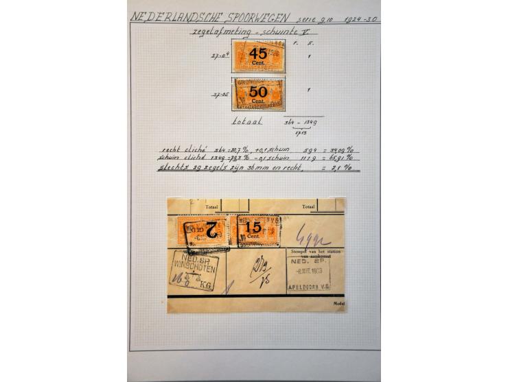 spoorwegzegels 1934-1944, uitgebreide collectie gestempeld w.b. plaatfouten en plaatreconstructies in 2 ringbanden. Delen van
