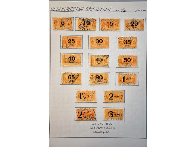 spoorwegzegels 1934-1944, uitgebreide collectie gestempeld w.b. plaatfouten en plaatreconstructies in 2 ringbanden. Delen van