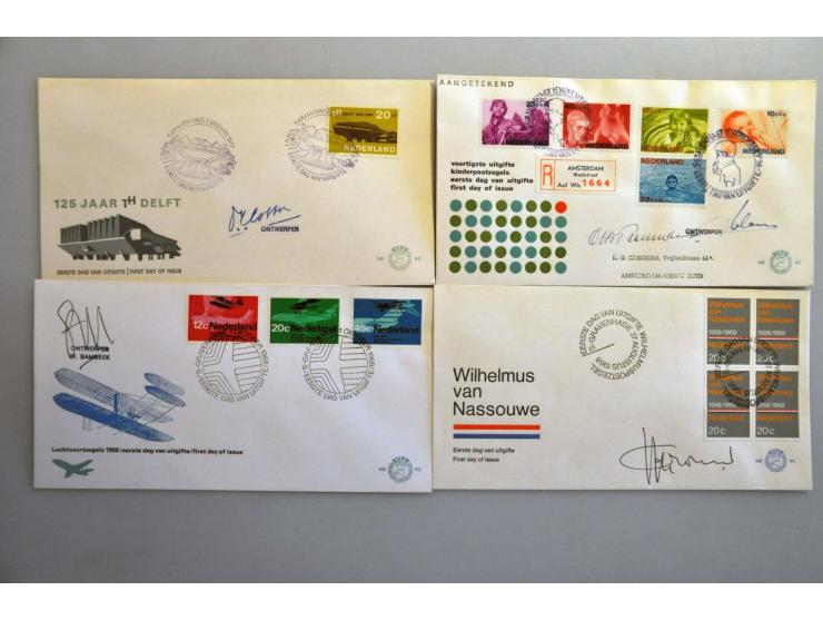 fdc's met handtekeningen ontwerpers, mooie collectie tussen 1961 en 1998 waarbij Wim Crouwel, Cas Oorthuys, Otto Treumann, Th