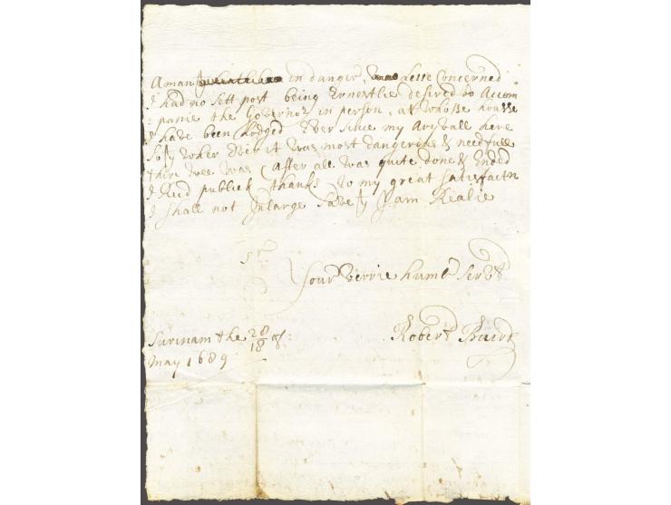 Complete frisse brief, geschreven Surinam le 18 may 1689 naar Rotterdam, zonder vervoersaanduidingen. 17e eeuwse brieven uit 