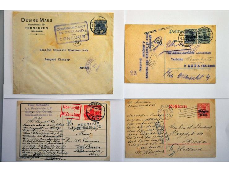 19 poststukken 1916-1918 van/naar buitenland met censuur w.b. aangetekende briefkaart Sluis-België met grootformaat Z
