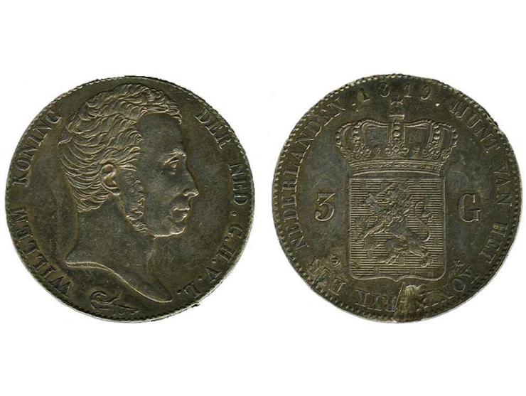 3 gulden 1819 Willem I, Sch. 241, geslagen op een beschadigd muntplaatje, deukje a.d. rand, ov. pr