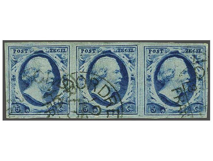 5 cent blauw plaat III pos. 51-53 in strip van 3, pracht ex.