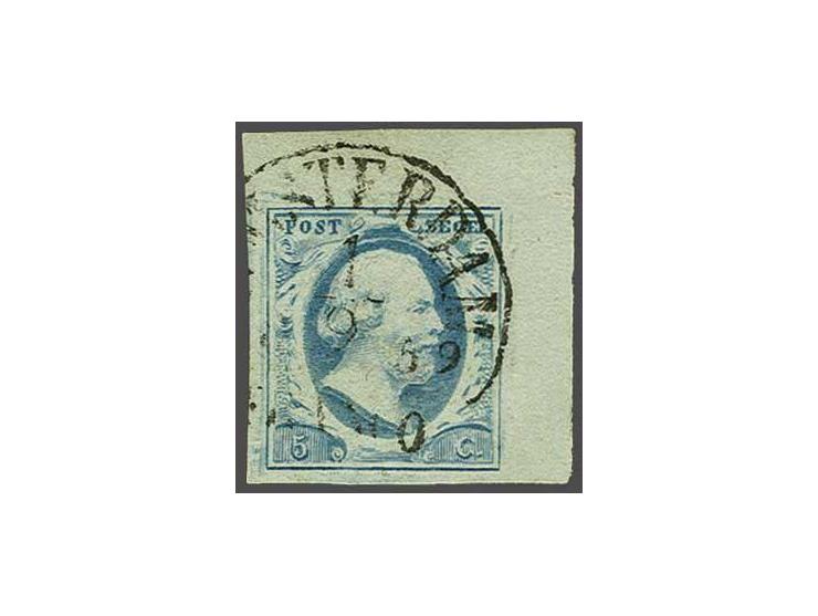 5 cent lichtblauw plaat III met pos. 55 met hoekvelrand, pracht ex.