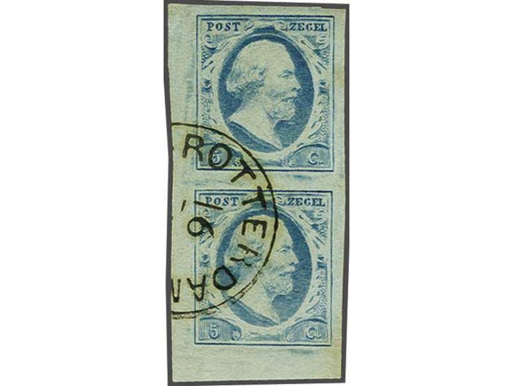 5 cent lichtblauw plaat III pos. 91/96 in verticaal paar met hoekvelrand, pracht ex.