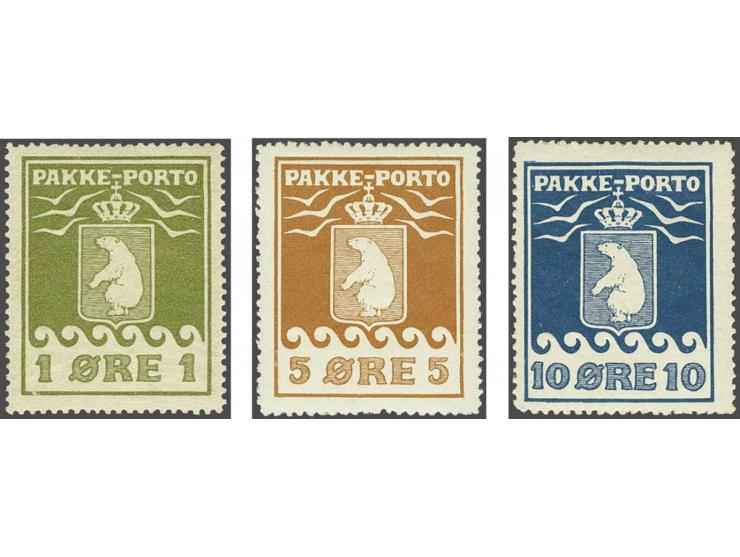 Pakkeporto 1 - 10 øre perforated 12¼, very fine mounted mint, cat.v. 2200 (Facit nrs. P1-P3, SEK 19.500)