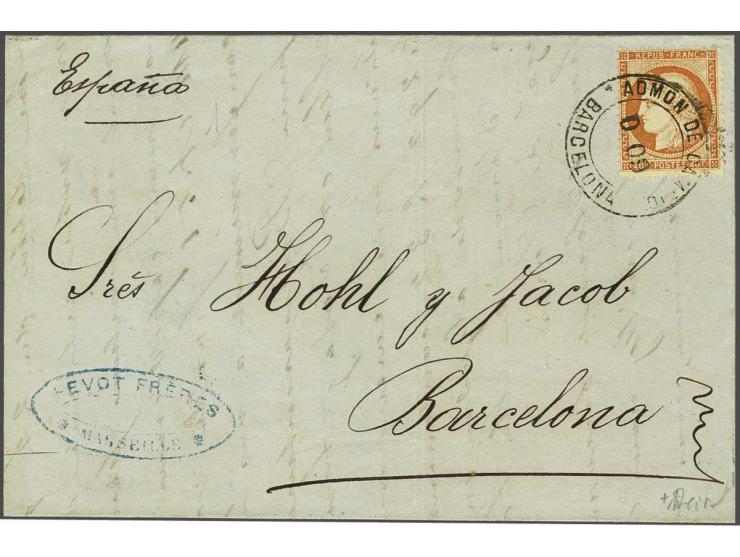 Siège 40 centimes orange on cover from Marseille 24-12-1875 to Barcelona with Spanish cancellation Admon de Cambio Barcelona,