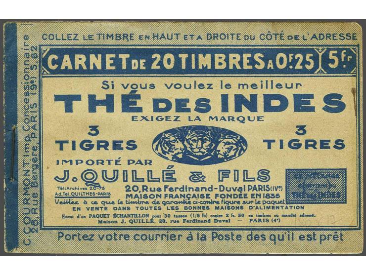 Carnet with 20x Semeuse 25 centimes with advertisement Le Secours, faults (sheetlets stuck to cover and some small brown spot