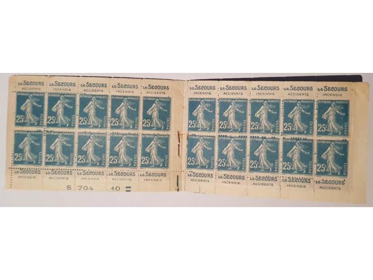 Carnet with 20x Semeuse 25 centimes with advertisement Le Secours, faults (sheetlets stuck to cover and some small brown spot