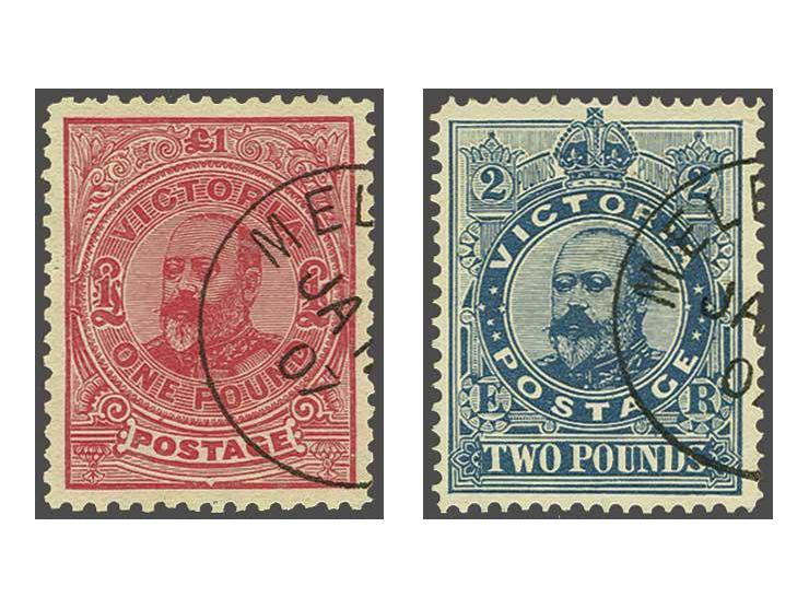 King Edward VII the £1 carmine-rose and £2 deep blue, very fine used (c.t.o.), cat.v. £ 470 