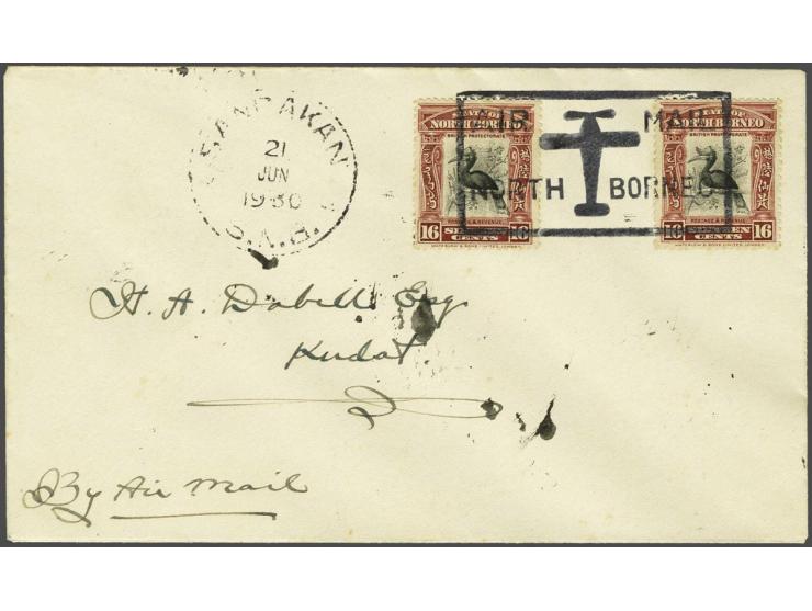 RAF survey flight 1930, envelope carried on the third stage from Sandakan to Kudat franked at 32 cents with the special frame