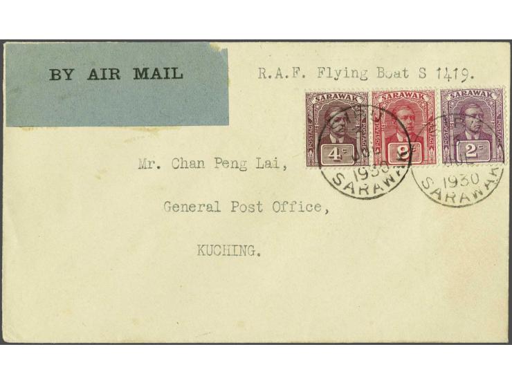 RAF survey flight 1930, envelope carried on the fifth stage from Sibu to Kuching, franked at 14 cents (2, 4 and 8 cents) canc