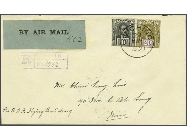 RAF Far East cruise 1930, envelope carried aboard flying boat S1419 from Kuching to Miri, franked at 30 cents due to registra