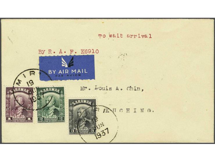 RAF flight 1937, envelope flown from Miri to Kuching, marked " By R.A.F. K6910 " franked at 6 cents, arrival cds Kuching 20 j