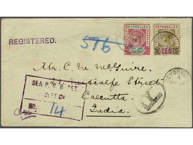 Provisional 1896 the 36 cents on 45 cents on envelope together with 4 cents Die I on registered envelope with Seychelles cds 