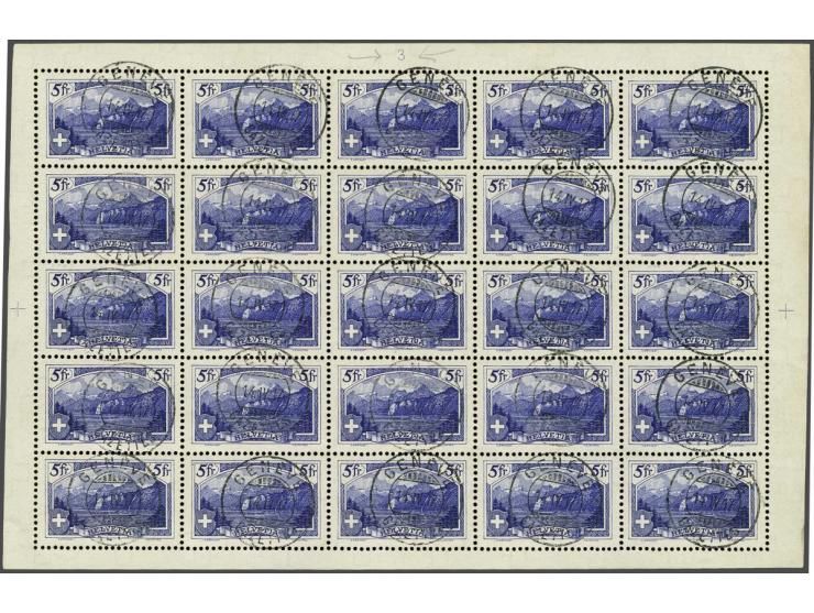 Rütli 5 francs dark blue in complete sheet of 25 with platenumber 3 and cds Geneve Gazettes 14-4-1917, very fine