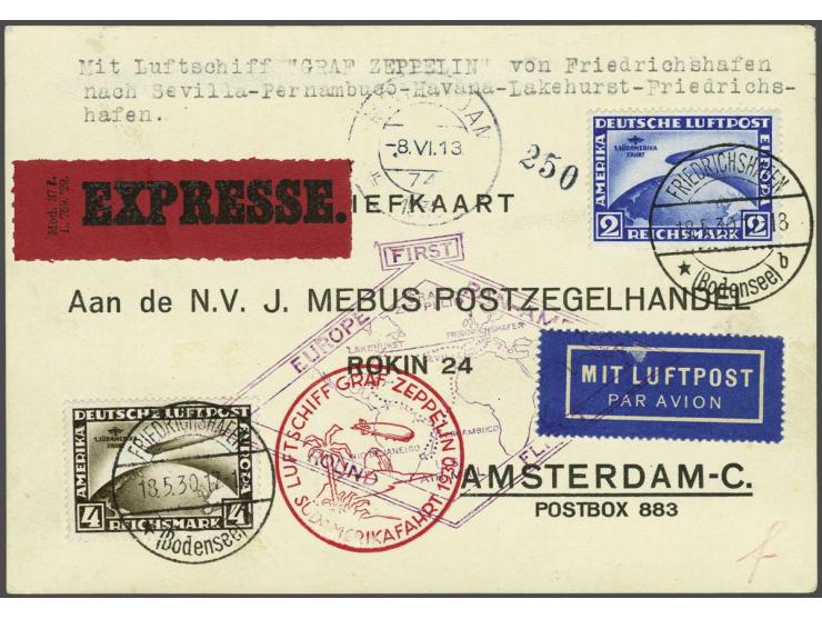 Südamerikafahrt 1930. 2 mark blue and 4 mark brown on card Around the World flight with special cachet type I to The Hague (T