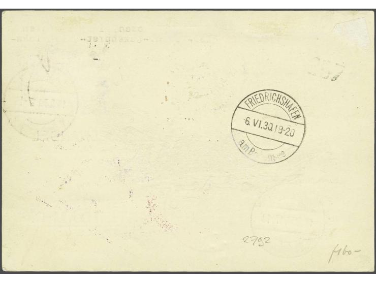 Südamerikafahrt 1930. 2 mark blue and 4 mark brown on card Around the World flight with special cachet type I to The Hague (T