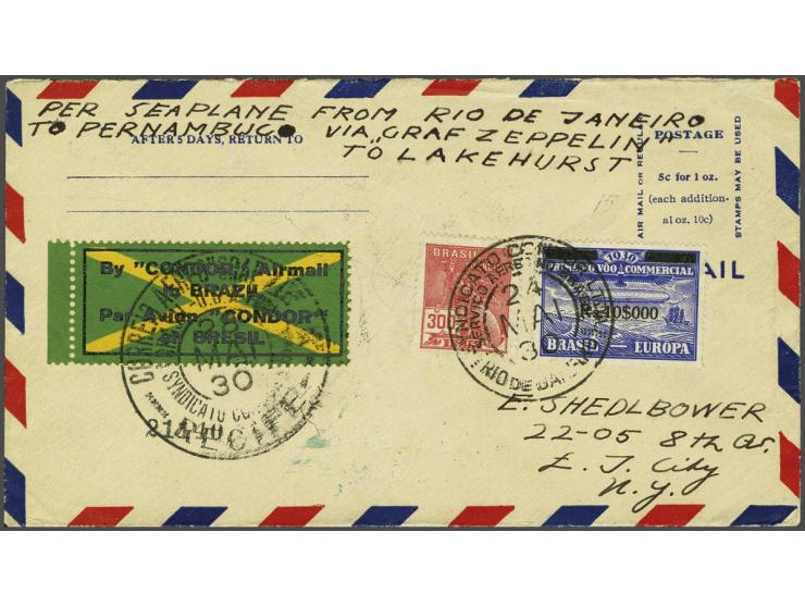 Südamerikafahrt 1930. Cover 24-5-1930 of the return flight with 10.000 on 20.000 reis blue to New York, very fine