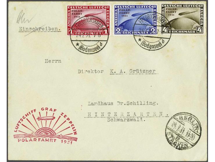 Polarfahrt 1931. Complete set on cover 24-7-1931 stage Friedrichshafen-Berlin, fine (4 mark creased, envelop some staines and