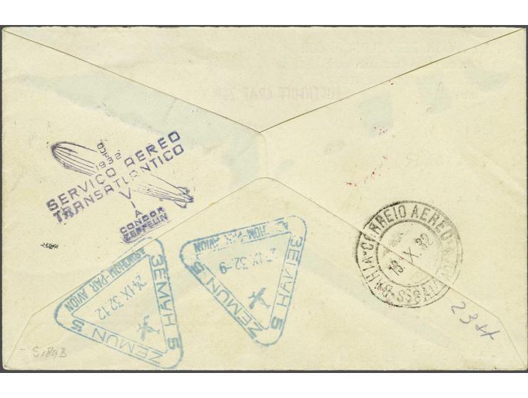 Treatypost 8th Südamerikafahrt 1932. Cover with connecting flight Berlin-Friedrichshafen from Belgrade to Bahia with all rele