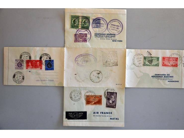 Around the World Airmail cover Paris 17-10-1937 via Natal (Brazil) 21-10-1937, New York 25-10-1937, Hong Kong 9-11-1937 and r