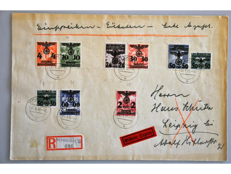 Mi. nrs. 14-39 on 3 large philatelic covers from Krakow 6-4-1940 to Leipzig, very fine