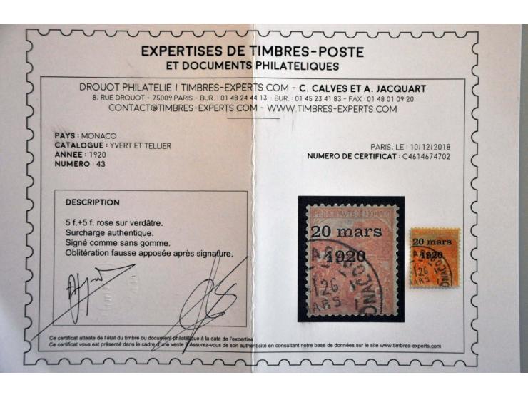 Wedding Princes Charlotte 5 francs Yv. nr. 43 with forged cancellation and 2018 Christian Calves certificate, very fine