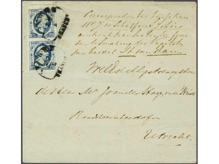 5 cent blauw plaat I pos. 51/56 in verticaal paar op briefomslag van Arnhem 27-8-1852 naar Utrecht, pracht ex.