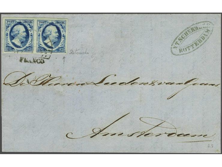 5 cent blauw plaat II pos. 23-24 in paar op vouwbrief van Rotterdam 29-1-1854 naar Amsterdam, pracht ex.