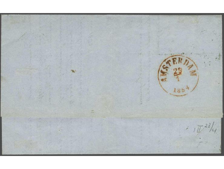 5 cent blauw plaat II pos. 23-24 in paar op vouwbrief van Rotterdam 29-1-1854 naar Amsterdam, pracht ex.