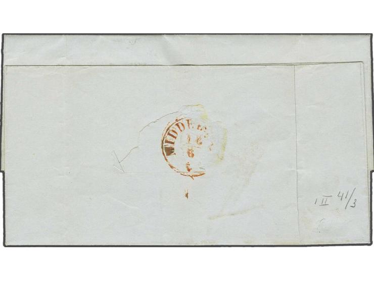 5 cent blauw plaat II pos. 41-43 in strip van 3 op drukwerk van Amsterdam 15-6-1854 naar Middelburg, pracht ex. (verticaal ar