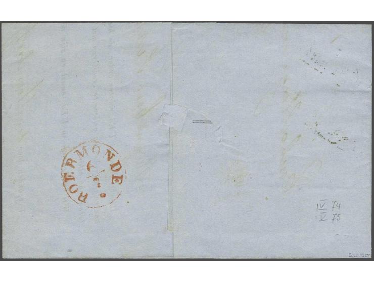 5 cent blauw plaat IV pos. 74 en pos. 75 met hoekvelrand op vouwbrief van Maastricht 5-7-1862 naar Roermond, pracht ex. (2 ve