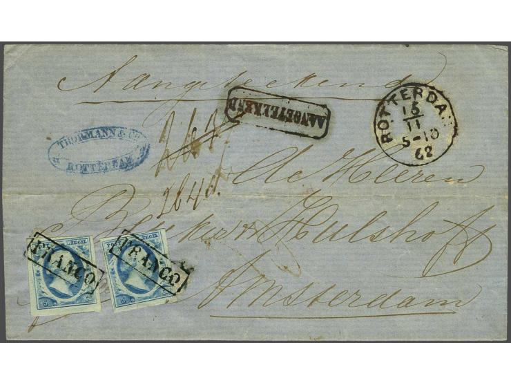 5 cent blauw plaat V (2x) op aangetekende envelop van Rotterdam 16-11-1862 naar Amsterdam, vrijwel pracht ex. (envelop enkele