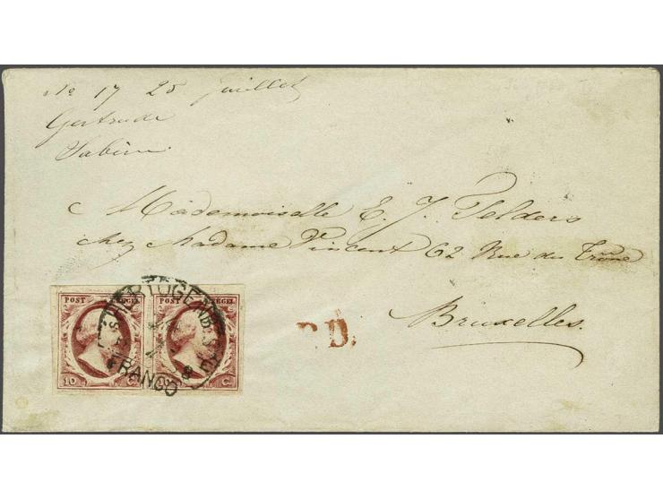 10 cent rood plaat V in paar op envelop van Den Bosch 24-7-1858 naar Brussel, pracht ex.